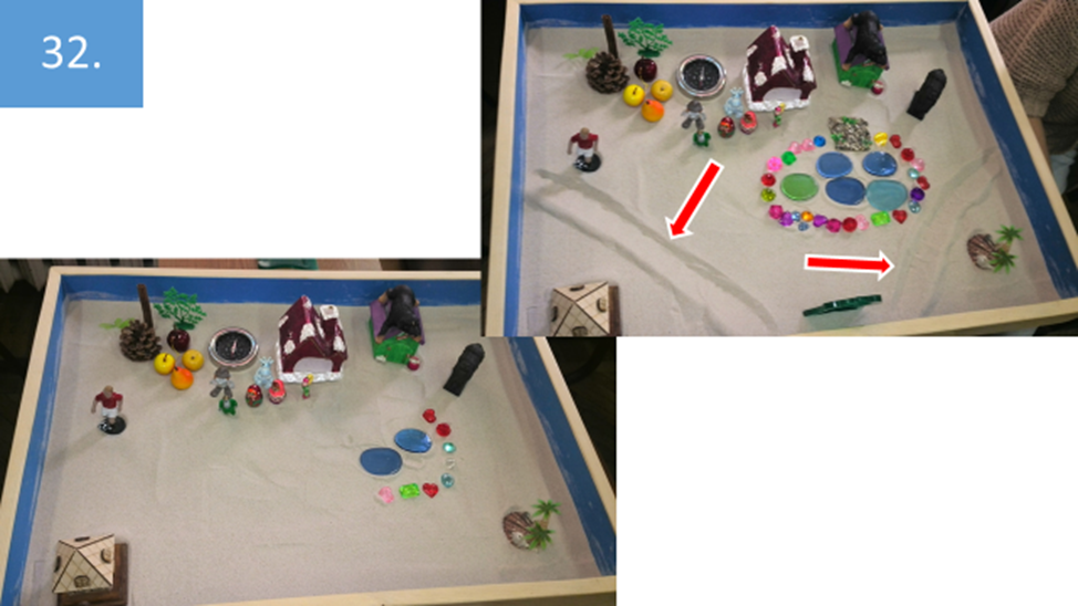 Рисунок 32. Здесь автор как бы достроил композицию. Но при этом счел важным четко обозначить границы между фрагментами картины, что и показано с помощью красных стрелок.