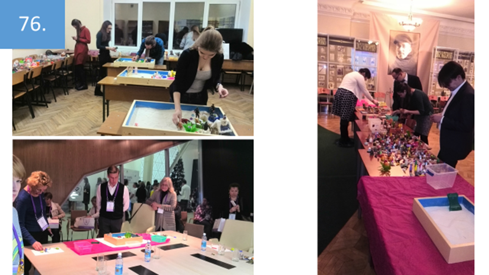 Рисунок 76. Здесь Вы видите работу в группах дизайнеров (фото вверху слева) и в группах волонтеров-координаторов волонтерских проектов (фото внизу слева). Справа показаны занятия в Доме учителя с директорами и завучами московских школ.