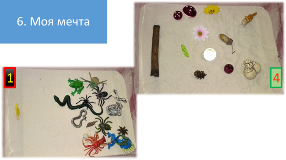 Рисунок 6.  Представлены в увеличенном масштабе первый и заключительный вариант песочной композиции с рисунка 5. Видно, как от крайне проблемной картины внутреннего мира произошел переход к гармоничной умиротворяющей сцене.