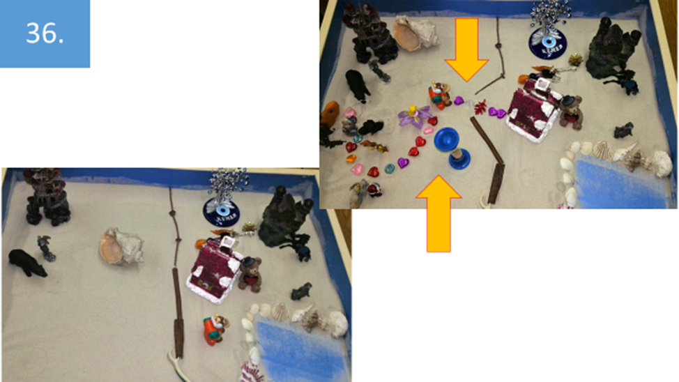 Рисунок 36. Внизу показана композиция, отражающая мучительное для ее автора разделение того, что было значимо в прошлом, и того, что хотелось бы иметь в будущем. Стрелками показаны зоны активного преобразования, которые символически обозначали действия по объединению этих частей личности автора.  