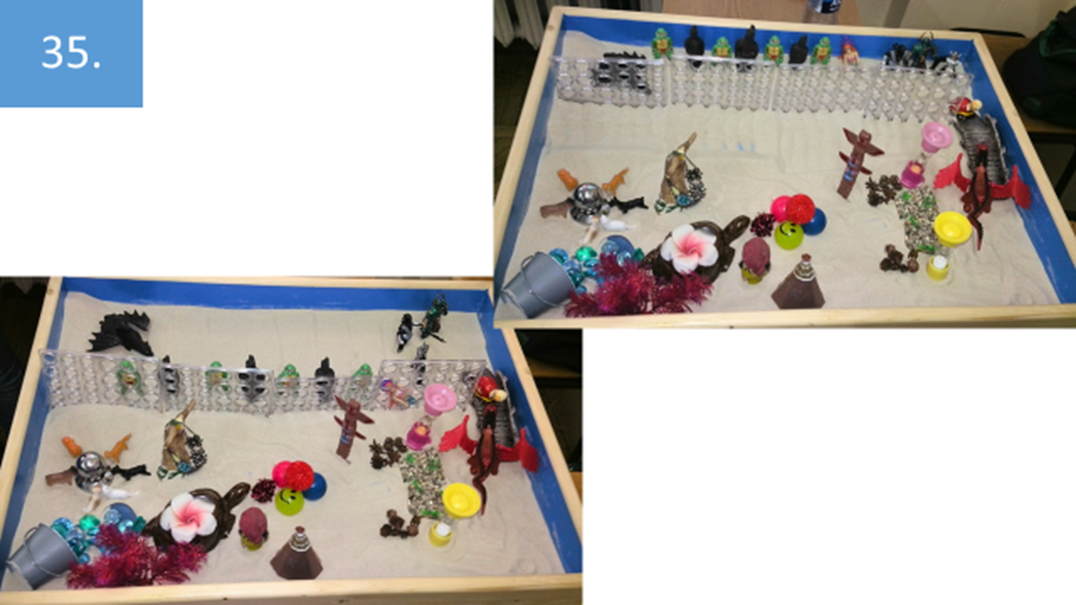 Рисунок 35. Здесь фотография внизу слева показывает, как автор представляет себе внешнее давление на него со стороны его близких. На фотографии вверху слева Вы видите то, что стало с этой композицией после того, как автор представил себе и отобразил на песке способы противостояния этому давлению. 