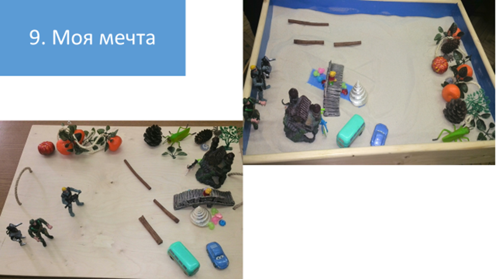 Рисунок 9.  Здесь также показано, что изменял другой автор композиции при ее переносе с деревянной крышки в ящик с песком. Мы видим, что под мостом в песочном контейнере показан фрагмент синего дна. Символы жизненных ресурсов автор разместил во вто-ром случае в зоне, в которой он старался отразить свое будущее. 