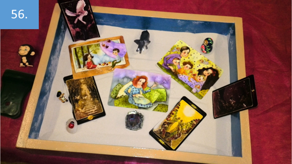 Рисунок 56. На этом слайде показано, как автор коллекции использовал в своей композиции игрушечные фигурки, открытки и различные наборы метафорических карт.