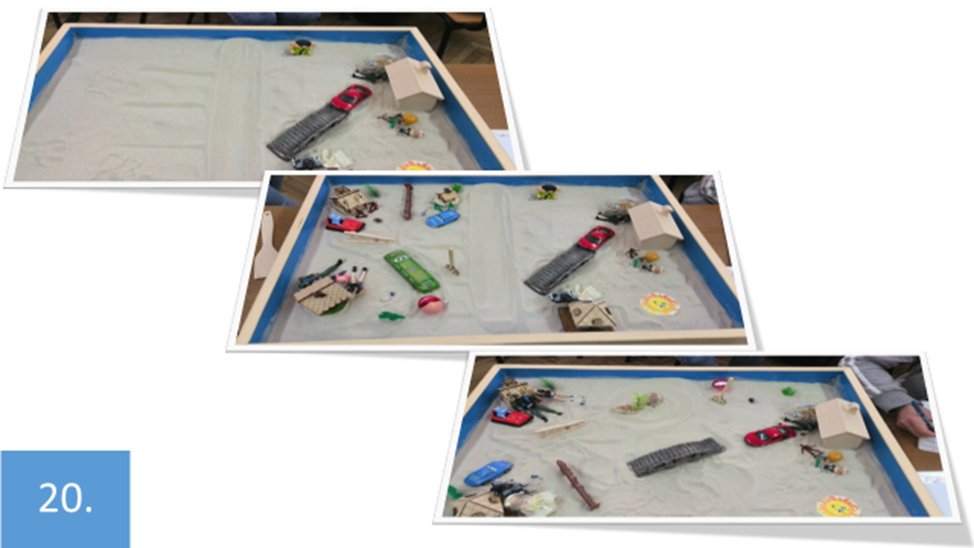 Рисунок 20.   Показано, как сначала была построена композиция «Я-реальное», которая в метафорической форме отражает представления человека о самом себе (фотография вверху слева). Потом была добавлена метафорическая картина «Я-идеальное» (фотография в центре). И затем была создана картина гармоничного объединения эти представлений автора о своей личности (фотография внизу слева).  